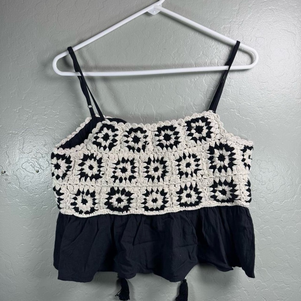 Lucky Brand Crochet Boho Babydoll Tank Top Black Cream Size M